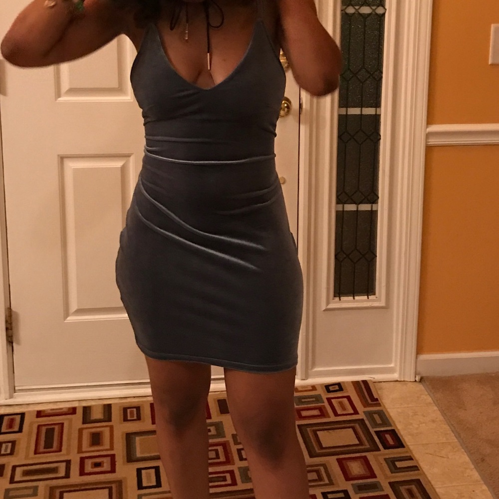Gray Velour Mini Dress, Criss Cross Tie Back